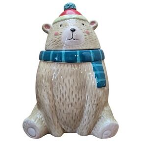 2014 Sleigh Bell Bistro Polar Bear Ceramic Cookie Jar Christmas Decor 10"